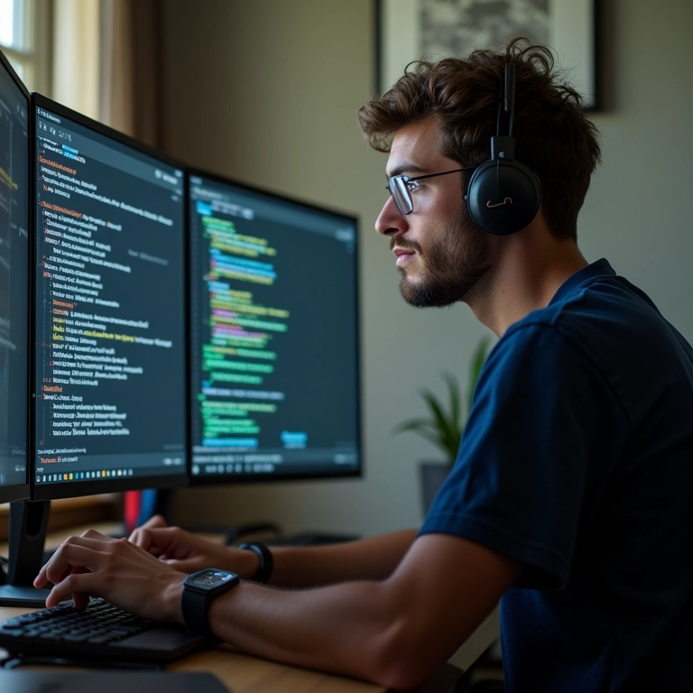 Engenheiro de software codifica com dois monitores em espaço de trabalho com inspiração brasileira.