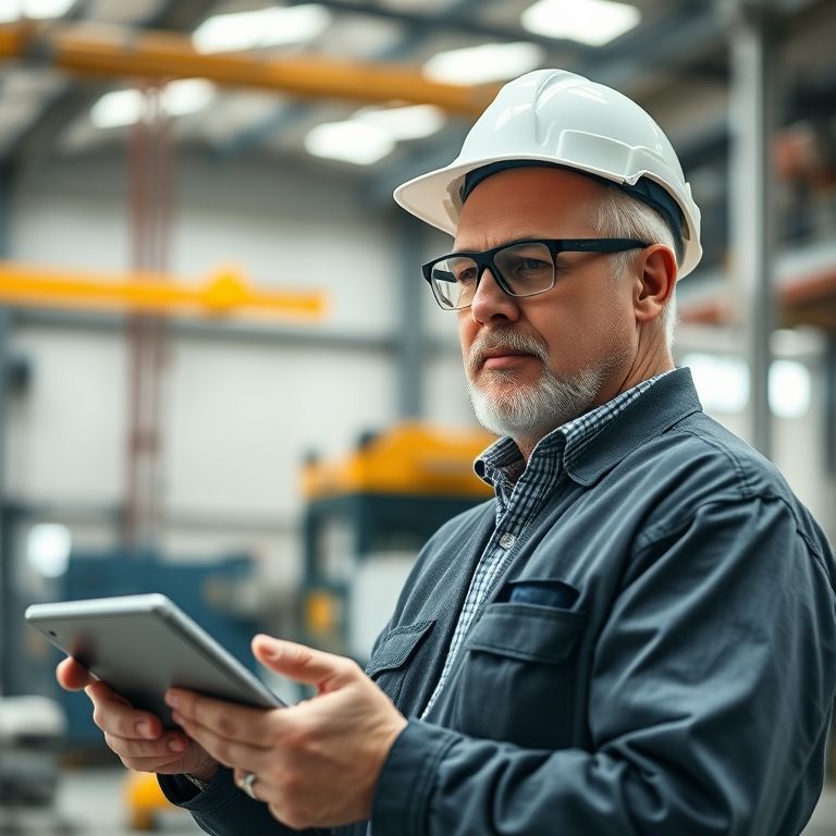 Engenheiro experiente utilizando tablet em controle de qualidade na indústria.
