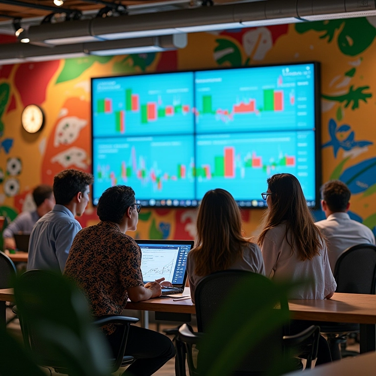 Equipe analisando tendências de mercado em espaço de trabalho colaborativo no Brasil.
