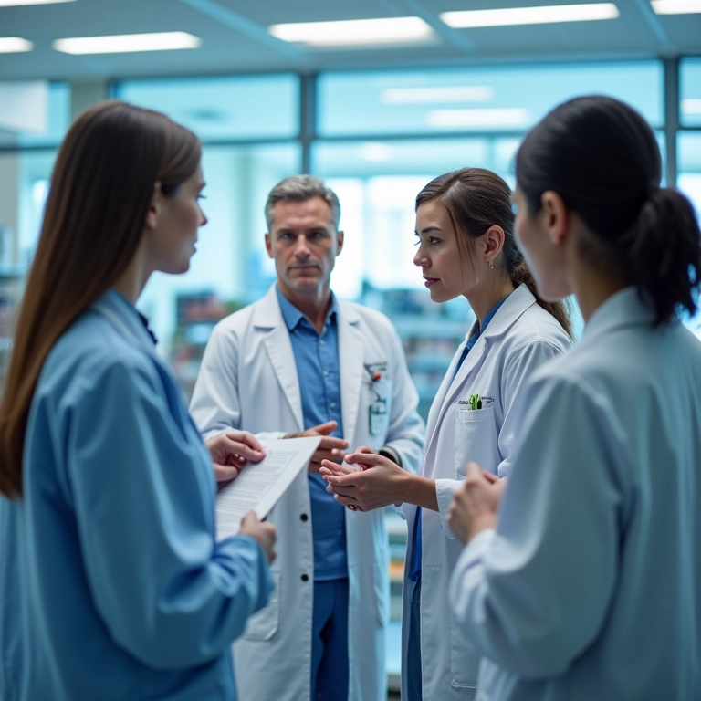 Equipe de farmacêuticos hospitalares trabalhando em conjunto.