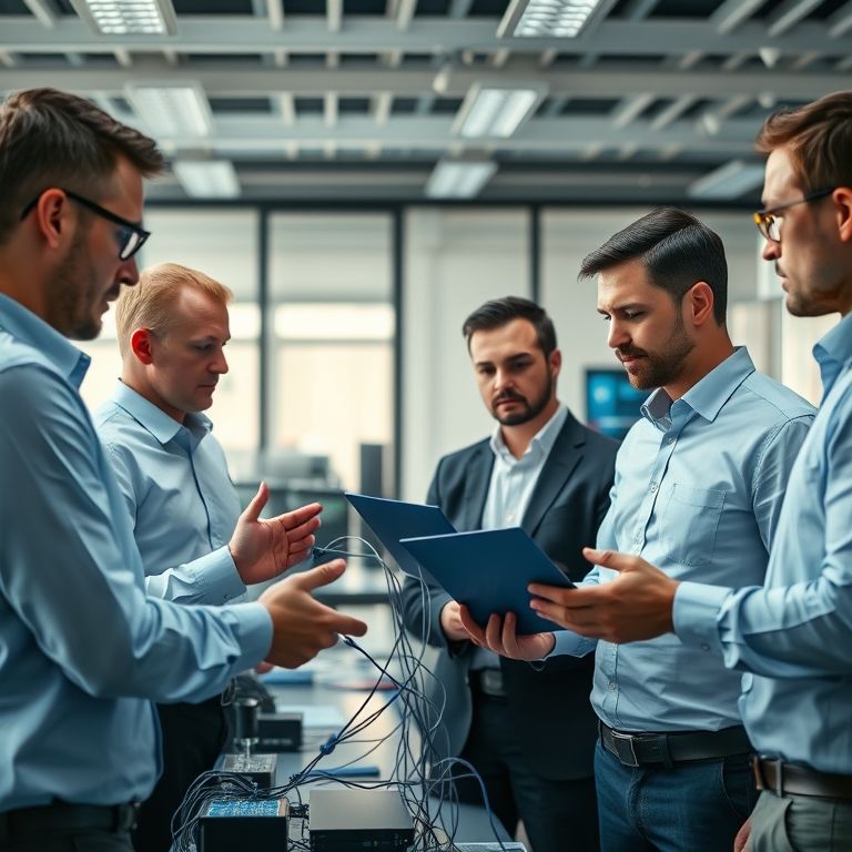 Equipe de hackers éticos colaborando em escritório moderno.