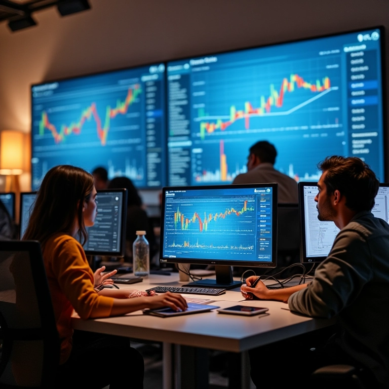 Equipe de marketing analisando dados de desempenho de campanha de influenciadores em telas grandes em um escritório com design brasileiro moderno.