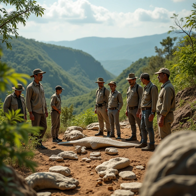Equipe de paleontólogos reconstruindo ecossistema antigo com fósseis e réplicas de plantas.