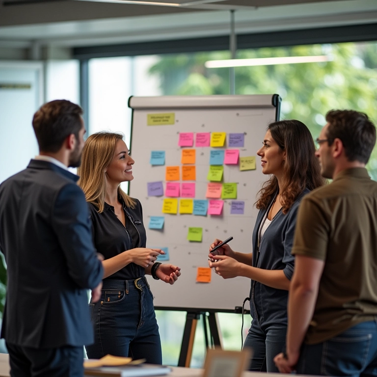 Equipe diversa em brainstorming, promovendo inovação e criatividade no ambiente de trabalho.