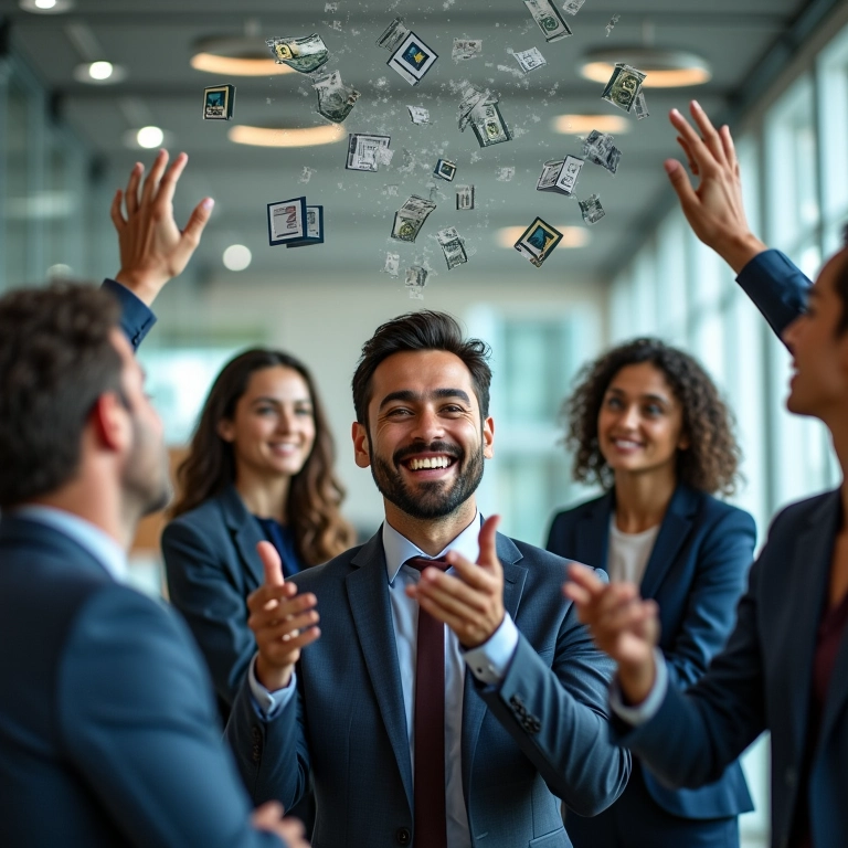 Equipe diversa equilibrando ícones financeiros em escritório moderno.