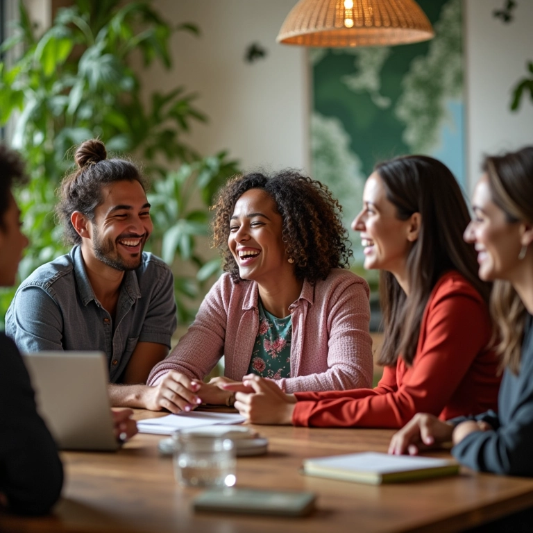Equipe diversificada rindo e colaborando em escritório vibrante no Brasil.