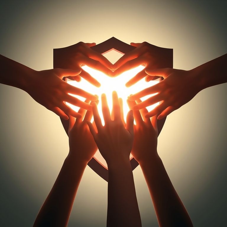 Escudo formado por mãos unidas, simbolizando proteção e união contra o assédio.