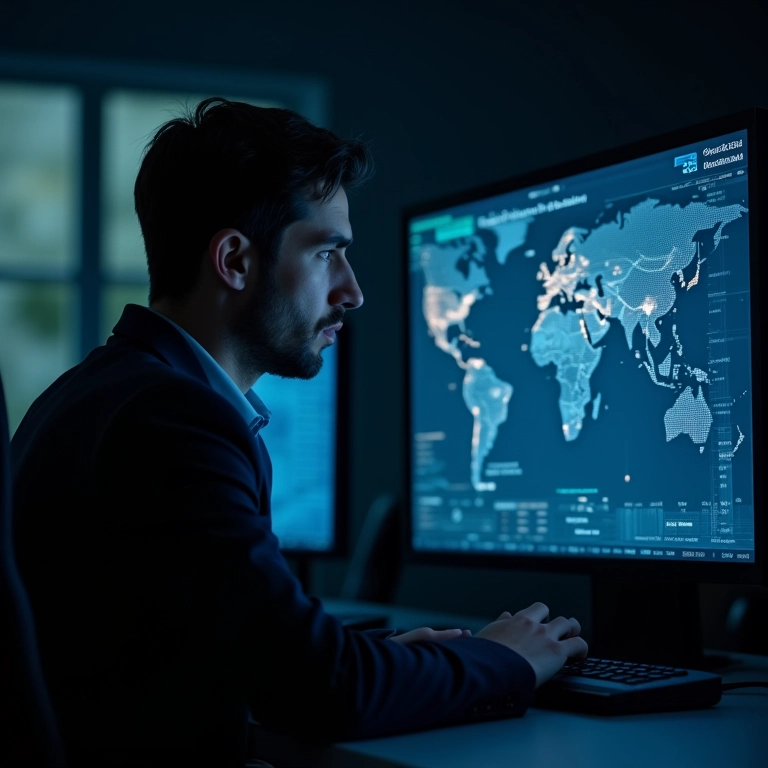 Especialista em segurança da informação analisando ameaças cibernéticas.