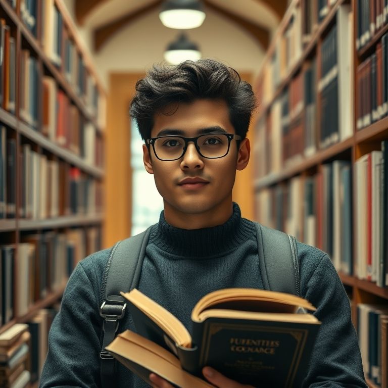 Estudante cercado por livros de diversas áreas de humanas.