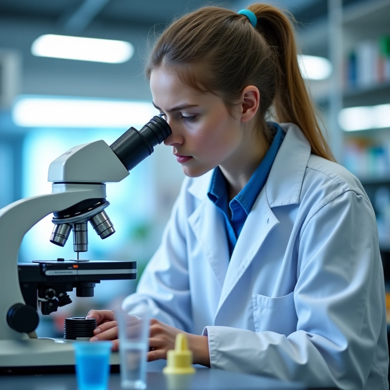 Estudante de biologia marinha analisando amostras em laboratório moderno.