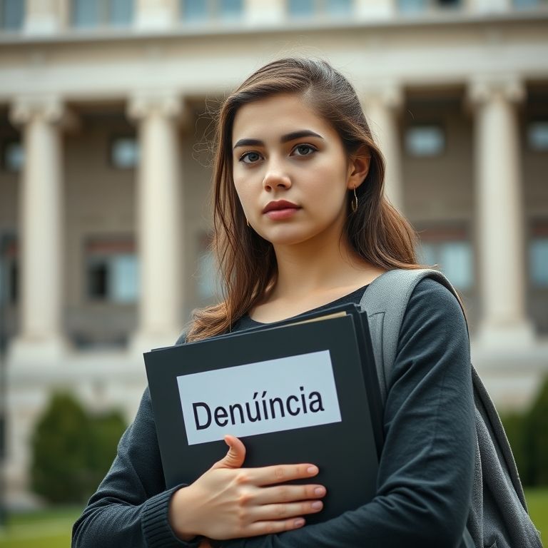 Estudante universitária determinada segurando pasta com o termo 'Denúncia', simbolizando coragem para denunciar.