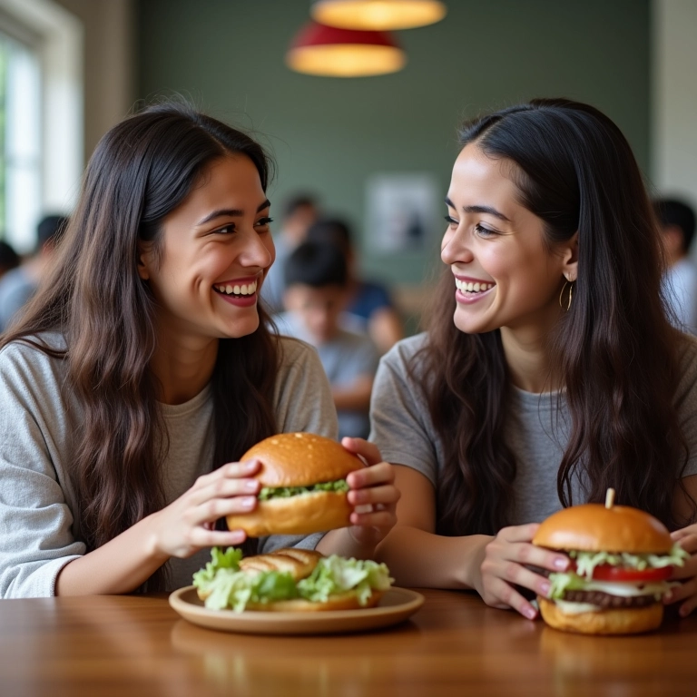 Estudantes trocando experiências e um sanduíche em cafeteria universitária no exterior.