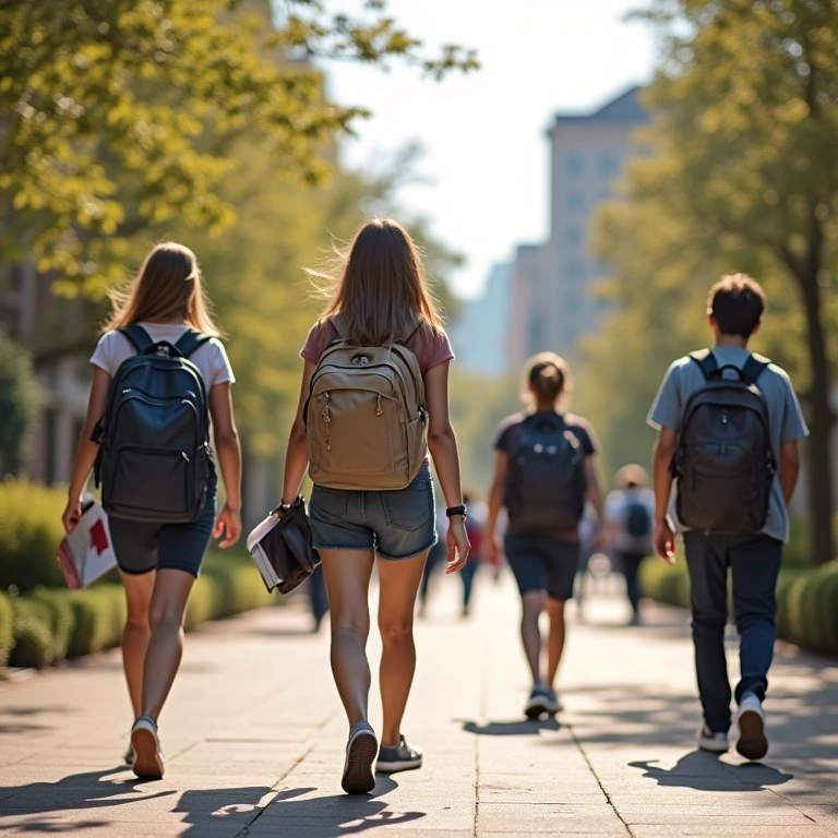 Estudantes universitários caminhando em campus com livros e mochilas.