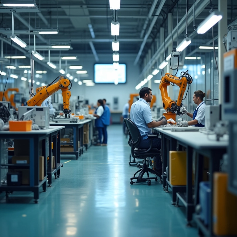 Fábrica no Brasil com robôs e trabalhadores colaborando eficientemente.