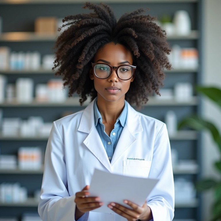 Farmacêutica trabalhando com vigilância sanitária em escritório.