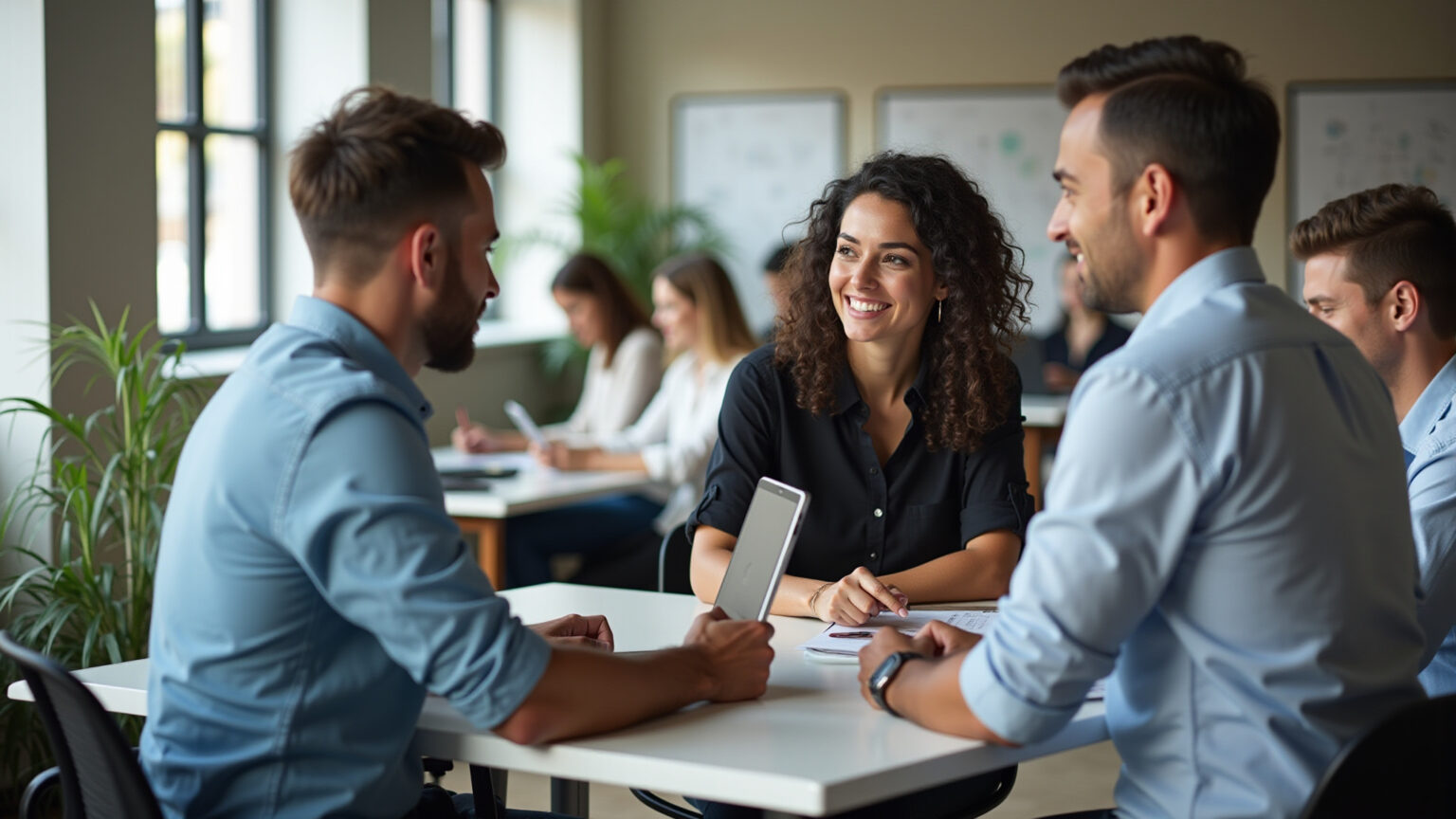 Profissionais diversos trabalhando em escritório moderno em Joinville.