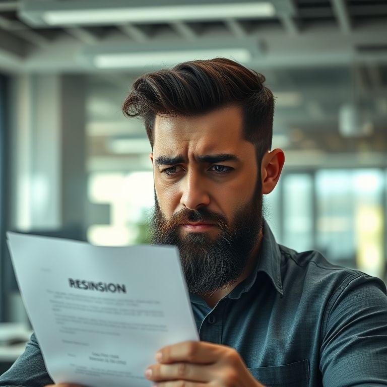 Funcionário frustrado olhando para carta de demissão devido à barba.