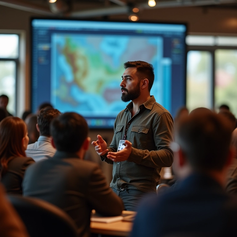 Geólogo apresentando resultados de pesquisa em conferência.