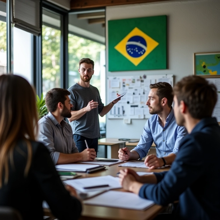 Gerente de projetos apresenta plano estratégico para equipe diversa em escritório moderno com arte brasileira.