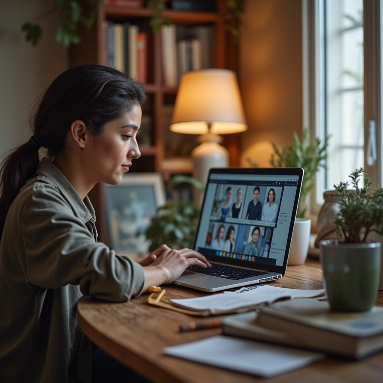Gestor de qualidade participando de conferência online em home office.
