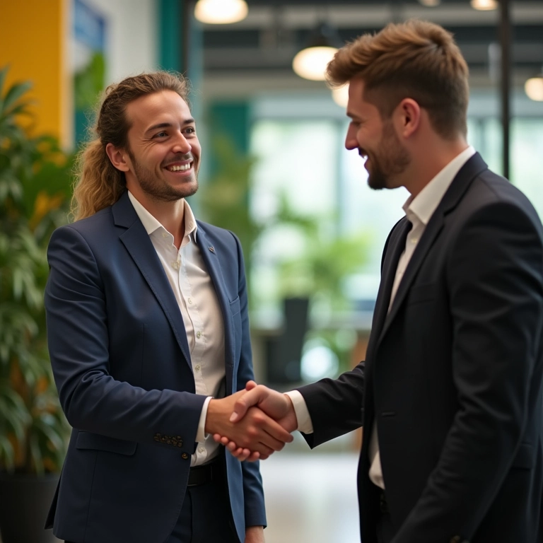 Gestor de qualidade sorrindo e cumprimentando membro da equipe.