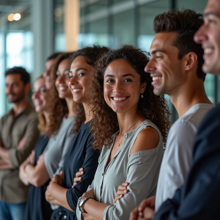 Grupo diversificado de profissionais sorrindo, representando a atração e retenção de talentos.