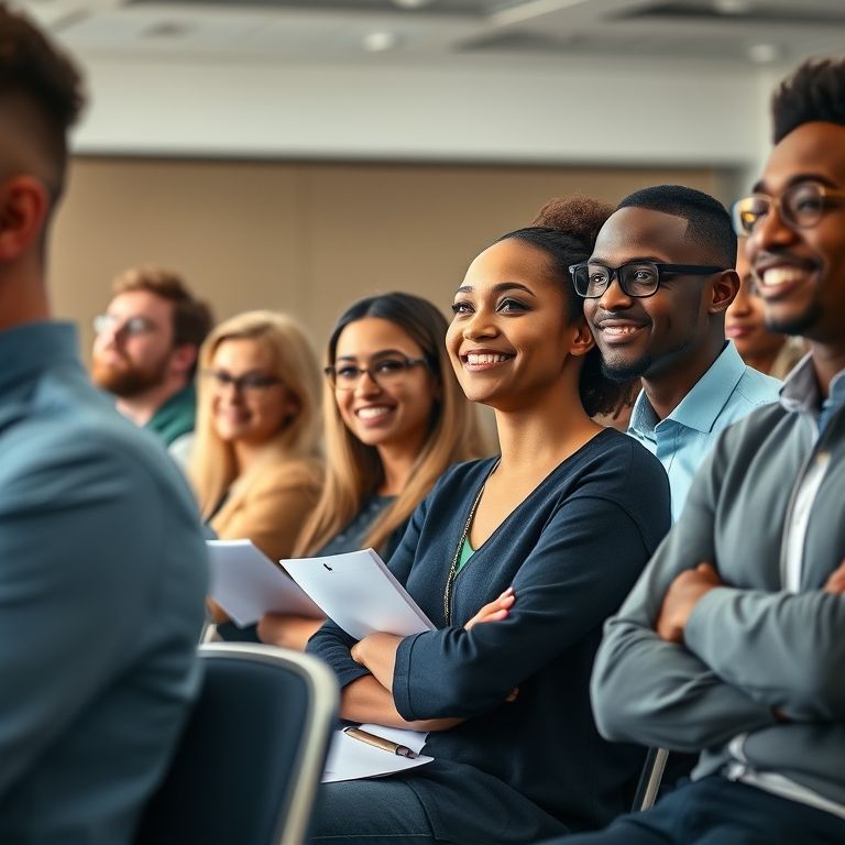 Grupo diversificado participando de um workshop sobre construção de currículos, com foco em certificações.