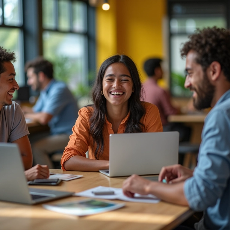 Grupo diverso de estudantes trabalhando juntos em espaço de coworking no exterior.