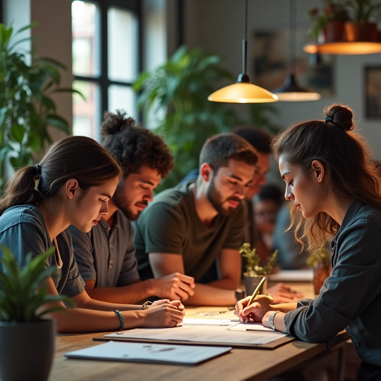 Grupo diverso de jovens profissionais brasileiros colaborando em um projeto em espaço de co-working vibrante.