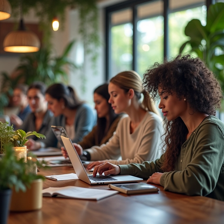 Grupo diverso de profissionais pesquisando médias salariais em espaço de coworking.
