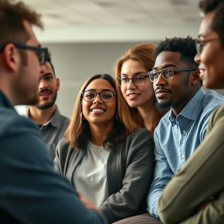 Grupo diverso debatendo opções de carreira.
