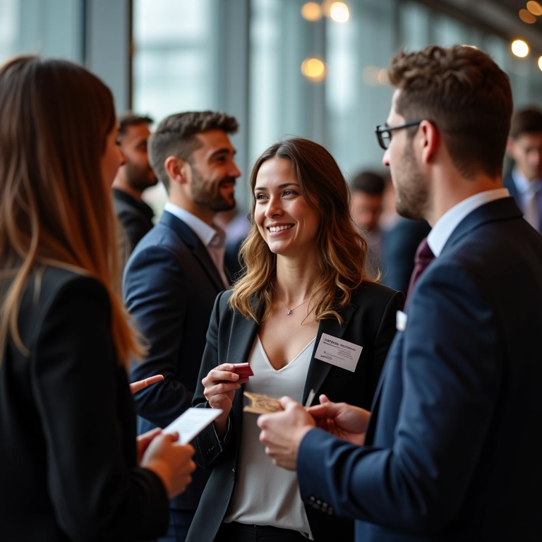 Grupo diverso em evento de networking trocando cartões de visita.