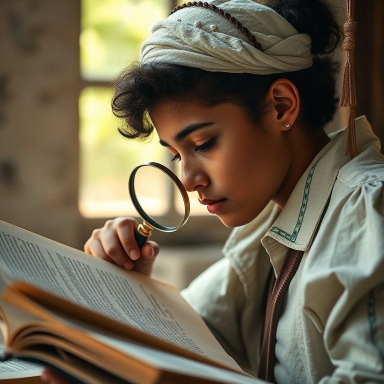 Historiador analisa textos antigos com lupa.