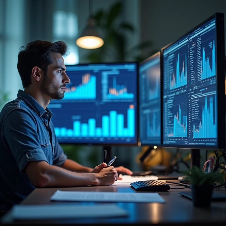 Homem analisando gráficos e evidências em ambiente corporativo.