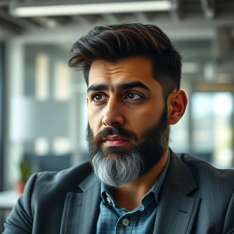 A Empresa Pode Proibir o Uso de Barba no Trabalho? Homem brasileiro com barba por fazer pensando em política da empresa sobre barba.