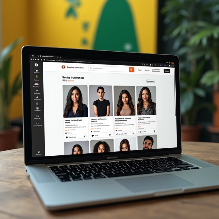 Interface de plataforma de influenciadores exibindo perfis diversos em um laptop com fundo inspirado no Brasil.