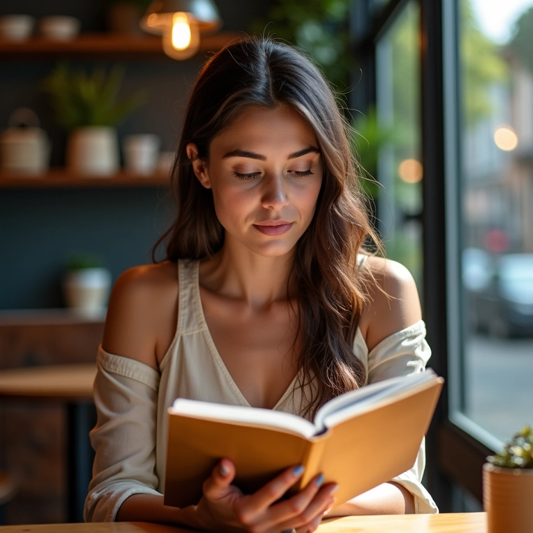 Jovem brasileira avaliando seus pontos fortes e fracos em um café ensolarado.