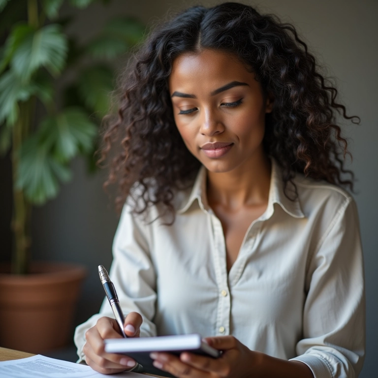 Jovem profissional anotando seus pontos fortes e diferenciais para entrevista.