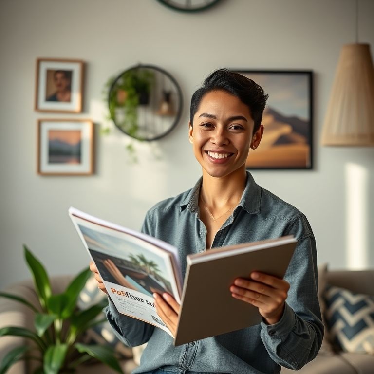 Jovem profissional apresentando com confiança um portfólio de projetos pessoais e trabalhos freelancers.