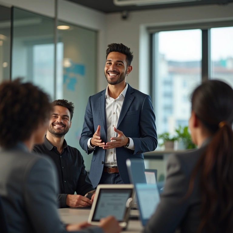 Jovem profissional brasileira apresentando com confiança para uma plateia diversa.
