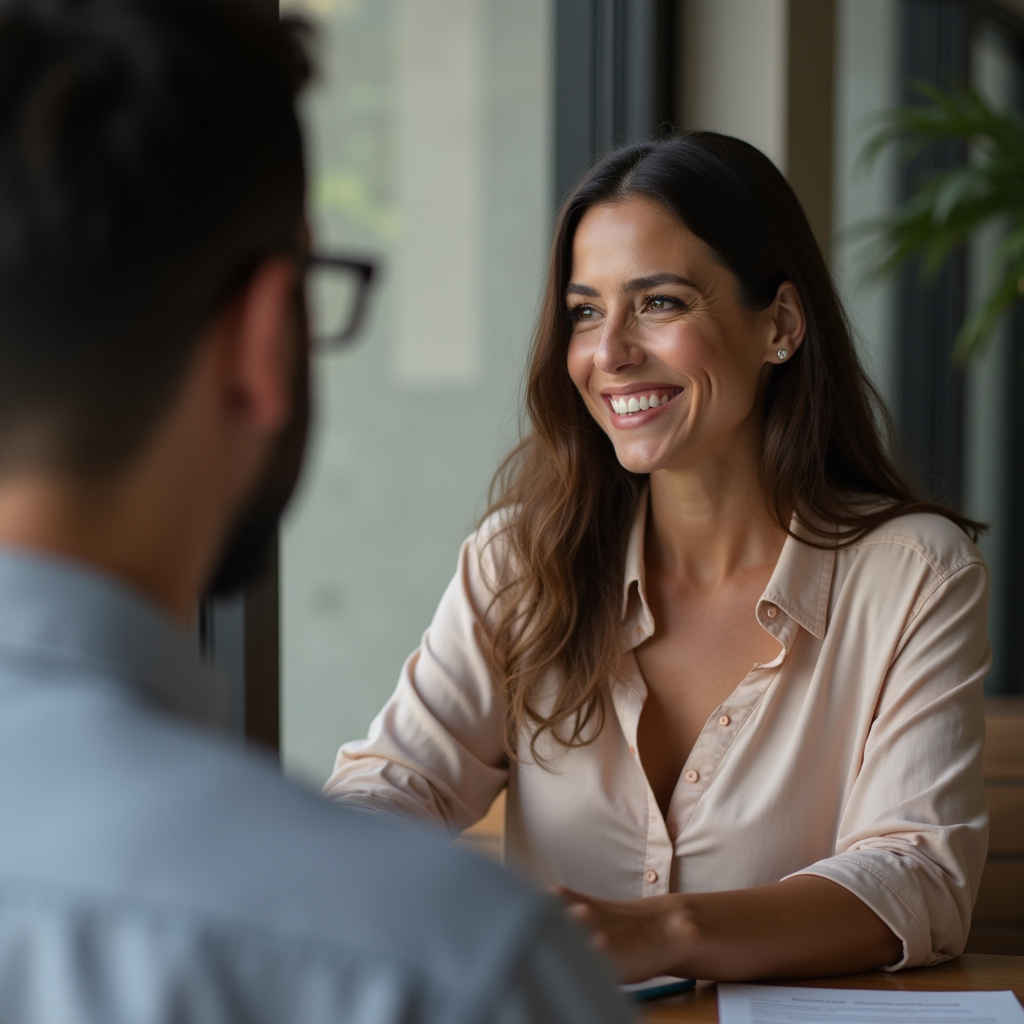 Mulher confiante em entrevista de emprego em Joinville.