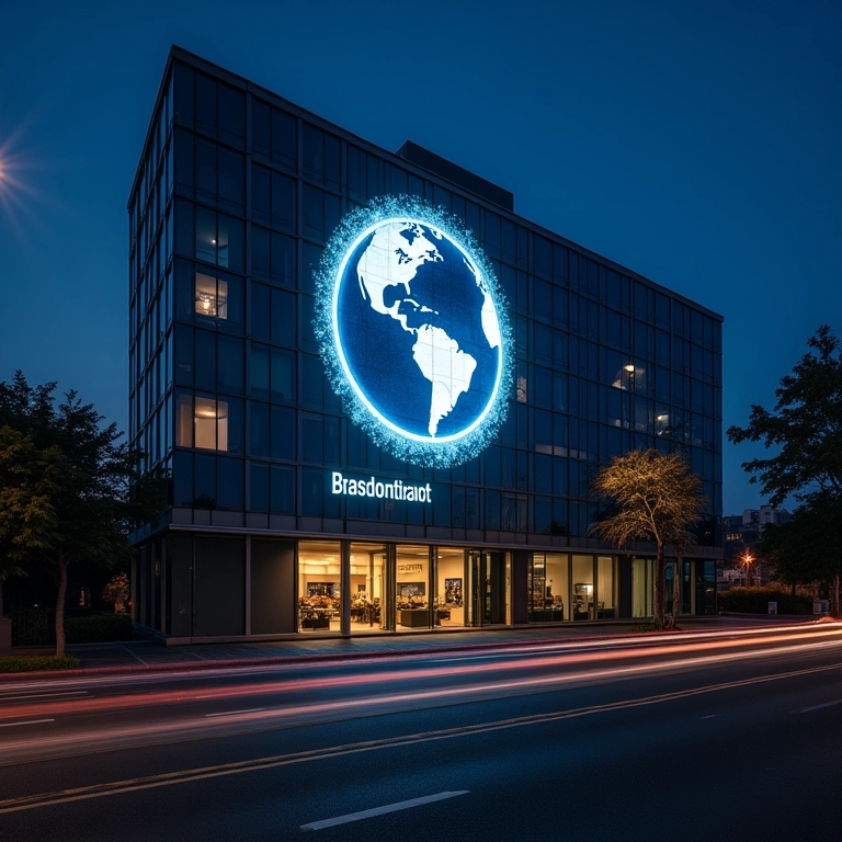 Logo da empresa projetado em prédio moderno, refletindo o fortalecimento da imagem da marca.