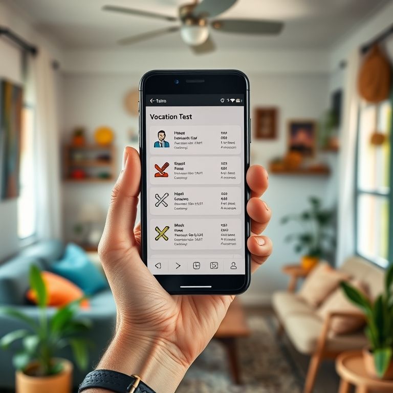 Mão segurando celular com testes vocacionais online.