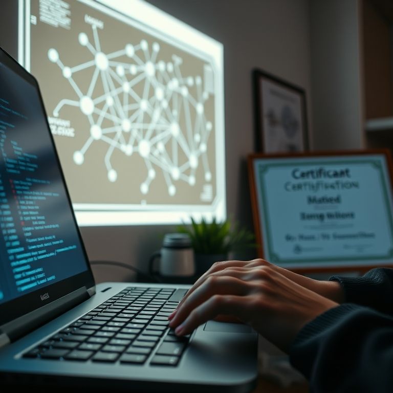Mãos digitando código com certificado de hacker ético ao fundo.