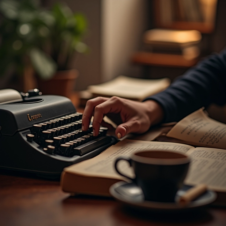 Mãos digitando em máquina de escrever antiga, transmitindo a singularidade do estilo.
