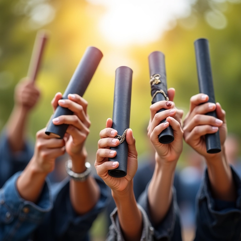 Mãos diversas segurando diplomas, representando a conquista da especialização.