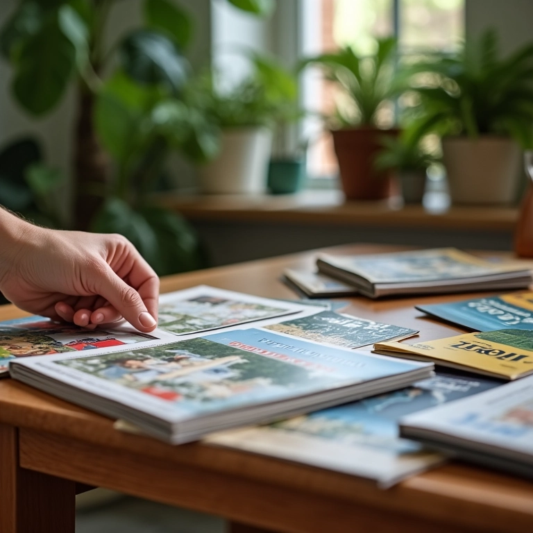 Mãos escolhendo folhetos de universidades estrangeiras para intercâmbio.