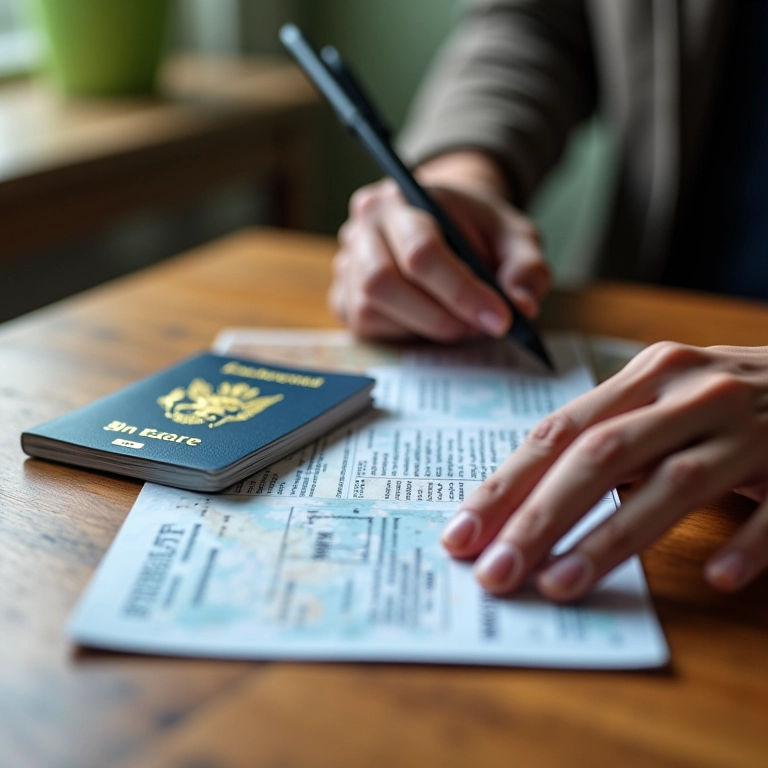 Mãos organizando documentos de viagem para intercâmbio no exterior.