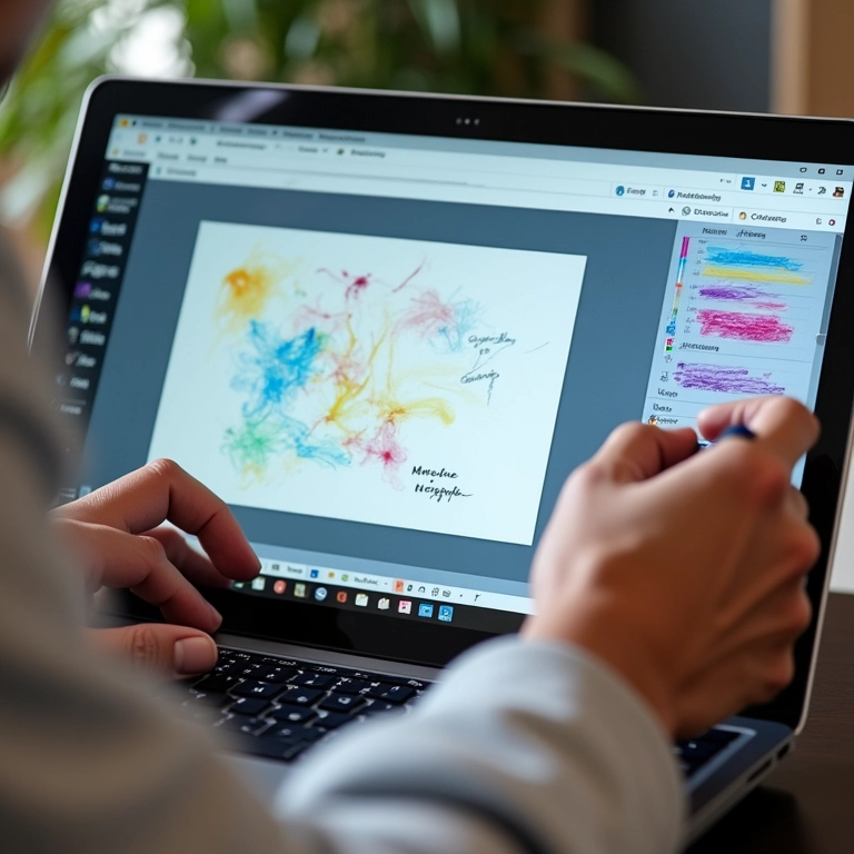 Mãos utilizando as ferramentas de desenho do OneNote para criar anotações coloridas.