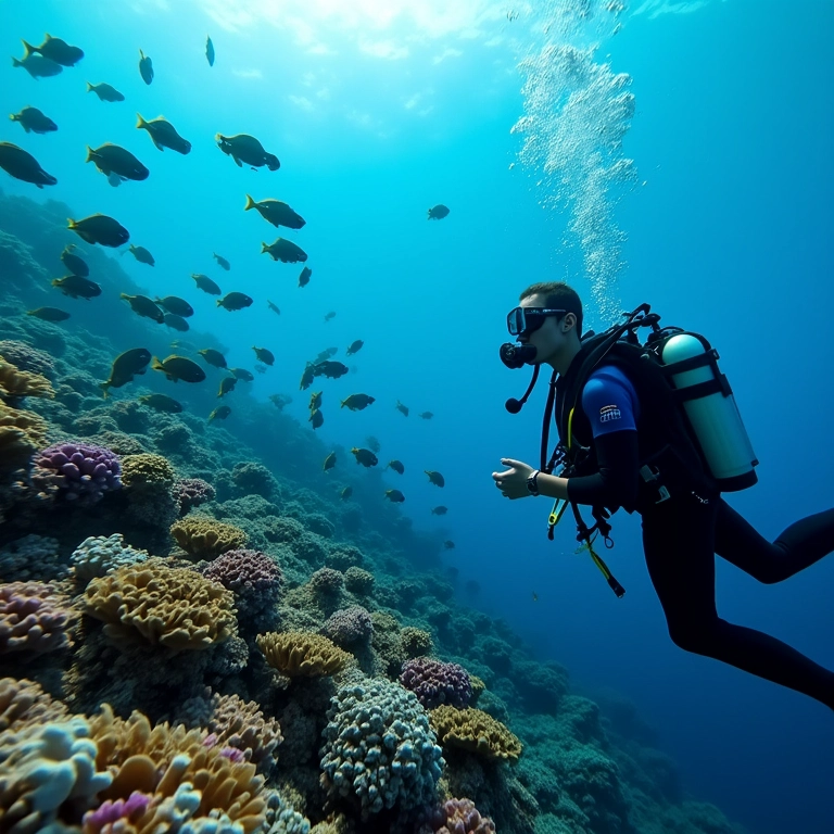 Mergulhador biólogo marinho estudando recifes de corais subaquáticos.